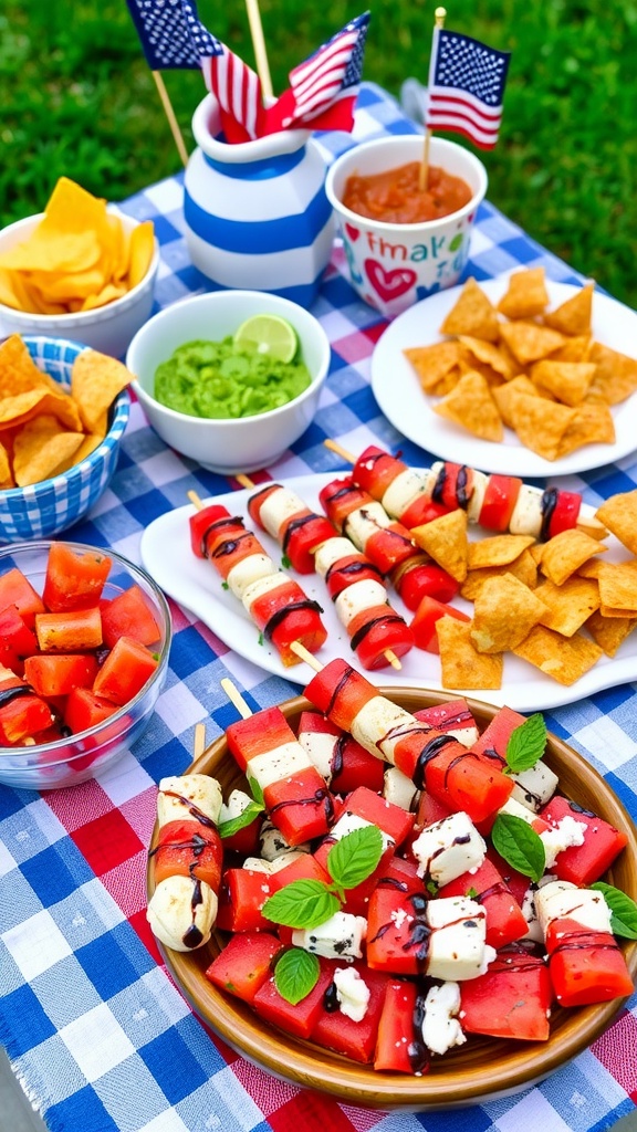 A festive July 4th appetizer spread with guacamole, salsa, mini hot dogs, and watermelon salad on a colorful picnic table.